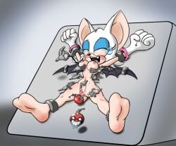 anthro blush bound_ankles bound_wings bound_wrists breast_grab closed_eyes cunnilingus dr._eggman laughing licking_pussy nude_female pocketickler rouge_the_bat sonic_(series) tickle_torture tickling tickling_pussy