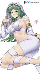 alternate_costume bare_shoulders big_breasts blush circlet cleavage cosplay damodar dark_souls deity detached_sleeves female female_only fromsoftware goddess gold_(metal) green_eyes green_hair headwear kid_icarus kid_icarus_uprising long_hair looking_at_viewer nintendo on_side palutena queen_of_sunlight_gwynevere queen_of_sunlight_gwynevere_(cosplay) reclining revealing_clothes shorts sideboob smile solo tiara tight_clothing veil