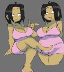 1girls @kookiekoopa asian asian_female bbw belly big_breasts black_hair breasts chubby cleavage clothes_swap cute female friday_night_funkin fully_clothed gray_background legs_crossed nene_(newgrounds) newgrounds no_pupils pico's_school pink_dress safe smile white_eyes