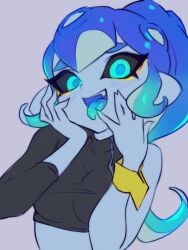 1girls black_sclera blue_eyes blue_hair blue_skin blue_tongue blush breasts crop_top fangs female hands_on_face highres jtveemo long_hair looking_at_viewer medium_breasts nintendo octoling octoling_girl octopus_girl ponytail pseudo_hair sanitized_(splatoon) sanitized_octoling single_bare_shoulder smile solo splatoon splatoon_(series) splatoon_2 splatoon_2:_octo_expansion tentacle_hair tongue tongue_out upper_body wristband