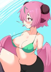 absurdres animal_ears bangs bare_shoulders belly bike_shorts bikini bikini_pull bird_ears bird_legs blush breasts clothes_pull double_bun feathered_wings feathers female food green_bikini hair_bun harpy highres medium_breasts midriff monster_girl mouth_hold navel nipples notice_lines original pink_feathers pink_hair pink_wings popsicle pulled_by_self red_eyes short_hair solo swimsuit thus0thus winged_arms wings