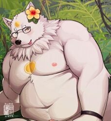 2022 absurd_res anthro barely_visible_genitalia barely_visible_penis belly big_belly black_nose blush canid canine eyewear genitals glasses hi_res kemono male mammal moobs navel nipples overweight overweight_male penis solo tongue tongue_out white_body yukimushi6