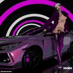 1futa 1girls 2021 3d asian asian_futanari black_lipstick black_pubic_hair brown_eyes car chest_tattoo collar english_text flower_tattoo futa_only futanari gloves hat hip_tattoo kuzu_(artist) lipstick nude nude_futanari original_character pubic_hair pubic_tattoo purple_lipstick purple_thighhighs side_tattoo sissy-chan_(kuzu) slushe_(website) small_breasts solo solo_futa standing tattoo tattoos text_tattoo thighhighs two-tone_lipstick