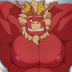 1male fangs fur gardie_(otukimi) gay horns inviting looking_at_viewer male male_only nipples otukimi pecs red_body red_skin smile solo solo_focus wink