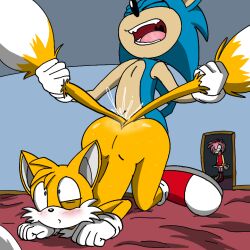 amy_rose anal anal_sex blue_body blue_fur blush caught doggy_style exposed_torso female footwear fox furry gay handwear hedgehog male penetration pulling shocked shocked_expression sonic_(series) sonic_the_hedgehog sonic_the_hedgehog_(series) spanky15 tails yellow_body yellow_fur