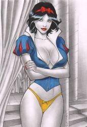 big_breasts bow_panties breasts disney disney_princess ed_benes_studio holding_arms looking_at_viewer picot_trim picot_trim_panties red_lipstick rubismar_da_costa seductive_look seductive_smile shorts snow_white_(disney) snow_white_and_the_seven_dwarfs yellow_panties