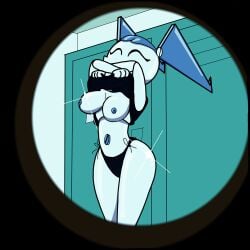 1girls big_breasts bikini breasts female female_only jenny_wakeman locker_room metallic_body mexicanjoe my_life_as_a_teenage_robot nickelodeon no_bra nude_female robot robot_girl robot_humanoid screw_nipples shiny_skin topless undressing voyeurism xj-9 xj9