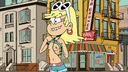 1girls accurate_art_style biting_own_lip blonde_female blonde_hair breasts_out denim_shorts detailed_background earrings exhibitionism exposed_breasts kashi leni_loud nickelodeon no_bra outdoors perky_breasts perky_nipples smile sunglasses_on_head the_loud_house