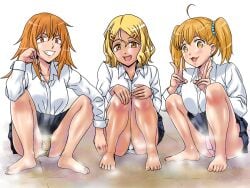 3girls barefoot blonde_female blonde_hair blush breasts brown_eyes brown_hair female_focus female_only gamo-chan kneeling leopard_print long_hair medium_breasts orange_eyes orange_hair panties pantyshot pink_panties please_don't_bully_me,_nagatoro sakura_(nagatoro) school_uniform simple_background smile squatting steam underwear upskirt white_panties winter-night_(artist) yoshi_(nagatoro)