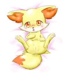 1girls anus blush bodily_fluids female fennekin feral furry genital_fluids genitals looking_at_viewer mimix nintendo no_humans on_back open_mouth orange_eyes pawpads pokemon pokemon_xy pussy pussy_juice solo video_games yellow_body yellow_fur