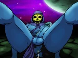 1male after_anal after_sex ass balls blue_body blue_skin cum cum_in_ass cum_in_pussy cum_inside dick erection gay looking_at_viewer male male_only masters_of_the_universe precum presenting_ass ripped_clothing ripped_pants skeleton skeletor solo_focus spread_legs sweat