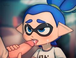 2boys after_fellatio animal_humanoid anthro blowjob blue_eyes blue_hair blue_inkling_boy blush bukkake cephalopod cephalopod_humanoid cum cum_on_face fangs fellatio gay holding_penis humanoid inkling inkling_boy john_(splatoon) kekitopu light_skin looking_at_partner mask_(marking) narrowed_eyes nintendo oral pointy_ears pseudo_hair splatoon splatoon_(series) squid tentacle tentacle_hair tongue_out yaoi