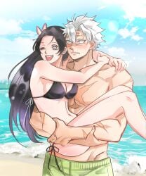 1boy 1girls alternate_costume appny_ren beach big_breasts bikini black_bikini black_hair blood blush bridal_carry butterfly_hair_ornament carrying_partner cleavage curvy_female cute demon_slayer embrace facial_scar female kimetsu_no_yaiba kochou_kanae long_hair male muscular_male nervous nosebleed one_eye_closed open_mouth outside sanemi_shinazugawa scars side-tie_bikini sideboob smile swimming_trunks swimsuit swimwear white_hair wholesome wink