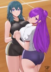 2022 2girls absurd_res artist_logo artist_signature ass big_ass blue_eyes blue_hair breast_press breasts breasts_squish byleth_(fire_emblem) byleth_(fire_emblem)_(female) docking female female_only fire_emblem fire_emblem:_three_houses fire_emblem_warriors:_three_hopes gym_uniform hair_over_one_eye hand_holding kaos_art large_breasts looking_at_viewer looking_back medium_hair nintendo purple_eyes purple_hair shez_(female)_(fire_emblem) shez_(fire_emblem) smile teal_hair thick_thighs thighs wide_hips