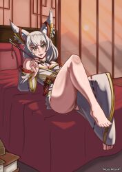 1girls animal_ears cat_ears feet grey_hair nia nia_(blade) nia_(xenoblade) nintendo on_bed seductive solo thick_thighs triggerpigart xenoblade_(series) xenoblade_chronicles_2 xenoblade_chronicles_3