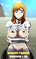 anime_style auburn_hair big_breasts bleach breasts color colored cream crossed_arms desert dessert gray_eyes huge_breasts ice_cream inoue_orihime large_breasts nipples nipples_covered oldhorrorz orange_hair panties pink_panties strawberry