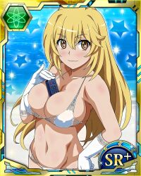 1girls armpits bare_shoulders beach between_breasts bikini blonde_hair blush breasts card_(medium) cleavage collarbone controller female gloves hand_on_hip hi_res large_breasts long_hair navel nipple_bulge ocean official_art pose remote_control sexually_suggestive shokuhou_misaki smile solo standing swimsuit symbol-shaped_pupils teenage_girl teenager to_aru_kagaku_no_railgun to_aru_majutsu_no_index unusual_anatomy unusual_eyes unusual_pupils water white_bikini white_gloves yellow_eyes young