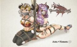 2girls aliza_(granblue_fantasy) arms_behind_back arms_tied_behind_back bikini blue_eyes bondage bound bound_ankles bound_arms bound_legs bound_to_pole breasts cleavage female female_only femsub fully_clothed gag gagged granblue_fantasy hair_over_one_eye horned_headwear horns large_breasts long_hair mistereye multiple_girls multiple_subs narmaya_(granblue_fantasy) pointy_ears purple_hair red_eyes restrained rope rope_between_breasts rope_bondage tape_gag taped_mouth tied_up white_hair