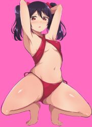 1girls alternate_version_available armpits big_breasts bikini black_hair blush bow breasts embarrassed exposed_shoulders exposed_stomach feet female female_only looking_at_viewer love_live! love_live!_school_idol_project panties pink_background red_bikini red_eyes small_breasts tagme thighs twintails wewe yazawa_nico