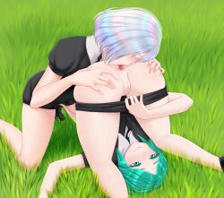 2girls anilingus anus ass ass_grab biting_lip closed_eyes clothed_sex diamond_(houseki_no_kuni) female_only folded grass green_eyes green_hair hands_on_ass houseki_no_kuni humanoid land_of_the_lustrous lapulio legs_behind_head multiple_girls no_panties on_head on_knees open_mouth oral outdoors pale_skin phosphophyllite pulling_down_pants pussy pussy_juice rimjob rimming romper saliva shiny_hair tie tongue tongue_in_anus tongue_out uncensored white_hair yuri