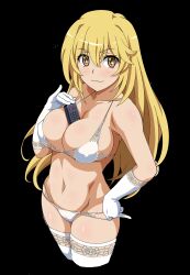 1girls armpits bare_shoulders between_breasts bikini black_background blonde_hair blush breasts cleavage collarbone controller female gloves hand_on_hip hi_res large_breasts long_hair navel nipple_bulge official_art pose pussy pussy_outline remote_control sexually_suggestive shokuhou_misaki smile solo standing stockings swimsuit symbol-shaped_pupils teenage_girl teenager to_aru_kagaku_no_railgun to_aru_majutsu_no_index unusual_anatomy unusual_eyes unusual_pupils white_bikini white_gloves white_stockings yellow_eyes young