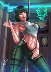 1girls abs dark_lipstick ela_(rainbow_six) female female_only fit_female green_hair leggings nazreizo_(artist) neon_lights pulling_down_pants rainbow_six rainbow_six_siege shirt_lift solo stripper_pole stripping tagme tank_top thong