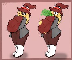 ass belly big_belly big_butt breasts burping chubby_female clothed clothing eyelashes fan_character female gassy hat headgear headwear hi_res holding_belly humanoid magic_user nitarustarium obese overweight overweight_female solo thick_thighs torn_clothing weight_gain witch witch_hat wrongcable