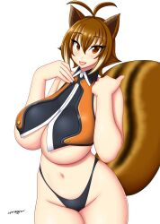 ahoge animal_ears arc_system_works blazblue brown_hair double_ahoge large_breasts makoto_nanaya short_hair somegu squirrel squirrel_ears squirrel_tail tail underboob