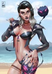 bikini black_lipstick black_nail_polish face_paint face_piercings fade_(valorant) female heterochromia looking_at_viewer nazreizo_(artist) piercing solo tagme two_tone_hair valorant