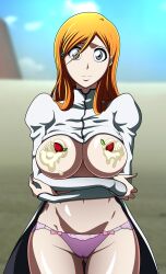 anime_style auburn_hair big_breasts bleach breasts color colored cream crossed_arms d dessert gray_eyes huge_breasts ice_cream inoue_orihime large_breasts oldhorrorz orange_hair panties pink_panties strawberry