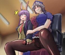 1futa 1girls animal_ears balls bar_censor big_ass big_penis black_legwear black_pantyhose blush bunny_ears censored clothed clothing duo eirin_yagokoro erection erection_under_clothes erection_under_pantyhose female fully_clothed futa_on_female futanari grin handjob handjob_over_clothes human humanoid kemonomimi kishimasa legwear light-skinned_futanari light_skin long_hair necktie pantyhose penis purple_hair reisen_udongein_inaba standing sweat touhou