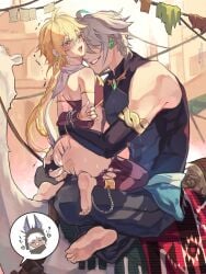 2boys aether_(genshin_impact) alhaitham_(genshin_impact) blonde_hair blush braid chains cuppydraws cute_male cyno_(genshin_impact) earrings femboy fingering gay genshin_impact long_hair male male_only muscular muscular_male size_difference yaoi