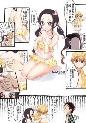 2boys :o ^_^ abs absurdres aged_up back back_focus ball bare_back bare_legs bare_shoulders barefoot beachball bikini black_hair blonde_hair breasts brown_hair checkered_clothes checkered_haori closed_eyes closed_mouth collarbone comic demon_slayer earrings feet female frown hair_between_eyes hair_ornament hair_ribbon hand_on_back hand_up highres jacket jewelry kamado_nezuko kamado_tanjirou kimetsu_no_yaiba legs long_hair long_sleeves multicolored_hair multiple_boys muscular muscular_male navel off-shoulder_bikini off_shoulder open_mouth pink_eyes pink_ribbon pori_(kmt_pori) red_hair ribbon scar scar_on_face short_hair small_breasts stomach swimsuit translation_request twintails twitter_username very_long_hair yellow_eyes zenitsu_agatsuma