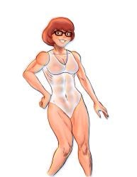 1girls female female_only glasses glasses_on_head happy happy_female kinkykicker meaty_thighs nerdy:female posing scooby-doo solo swimsuit thick_thighs velma_dinkley wet_body wet_clothes wet_clothing wet_pussy wet_skin wet_swimsuit