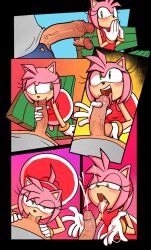 1girls amy_rose anthro blowjob blush comic cum cum_in_mouth cum_on_tongue cum_trail dress ejaculation erection eyelashes female filthypally fondling furry gloves green_eyes hedgehog motion_blur motion_lines penis pink_fur pink_hair public sega sitting sonic_(series)