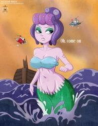 abs alcasar-reich bean_smile big_ass big_breasts blue_eyes blush cala_maria canon_couple cuphead cuphead_(game) curvaceous curvy fit giantess green_skin heart hourglass_figure huge_ass huge_breasts in_love large_ass large_breasts larger_female mermaid mermaid_giantess mugman muscular muscular_female purple_hair purple_skin scar seashell_bra seaside smaller_male teeth thick_thighs wide_hips