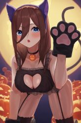 absurdres animal_ears animal_hands bangs bare_shoulders black_thighhighs blue_eyes blush breasts brown_hair cat_ears cat_lingerie cat_paws cat_tail fake_animal_ears fake_tail female gloves go-toubun_no_hanayome hair_between_eyes halloween halloween_costume highres hiyoku jack-o'-lantern jewelry large_breasts long_hair looking_at_viewer meme_attire moon nakano_miku necklace night night_sky open_mouth paw_gloves paws pumpkin sky tail thick_thighs thighhighs thighs wide_hips