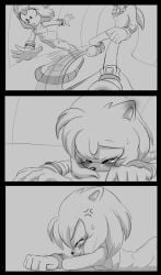 amy_rose blush clothing comic crying crying_with_eyes_closed ear_blush fallen_down fell_down furry monochrome shadic80 shadow_the_hedgehog sonic_(series) sonic_riders sonic_the_hedgehog_(series) sweatdrop