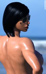 1girls 3d abs aviator_sunglasses beach big_breasts brown_eyes brunette dark-skinned_female dark_nipples dark_skin egyptian exhibitionism face_tattoo facepaint female female_only glasses hand_on_hip lewdink long_legs looking_at_viewer looking_back makeup muscle muscle_tone muscles muscular_female nail_polish navel_piercing outdoors overwatch pharah piercing public public_nudity solo sunglasses tinted_eyewear wet wet_skin