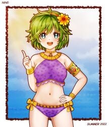 1girls absurdres alternate_costume ass_visible_through_thighs bikini blue_eyes blush breasts dinjo female female female_only fire_emblem fire_emblem:_the_blazing_blade green_hair highres index_finger_raised looking_at_viewer nino_(fire_emblem) nintendo open_mouth purple_bikini purple_swimsuit short_hair small_breasts solo swimsuit