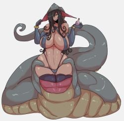 1girls big_breasts black_hair breasts elbow_gloves hair_over_one_eye huge_breast inumatori lamia large_breasts massive_breasts monster monster_girl simple_background snake snake_girl snake_humanoid tagme white_background