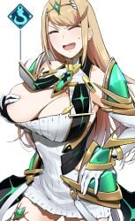 1girls bakkanki big_breasts blonde_hair blush breast_grab breasts closed_eyes clothed clothing covering_breasts covering_nipples embarrassed eyes_closed female female_focus female_only fully_clothed gloves happy huge_breasts mythra satoriwappa solo solo_female standing sweat touching_breast white_background xenoblade_(series) xenoblade_chronicles_2