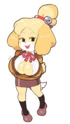 2018 animal_crossing anthro big_breasts big_cleavage breasts cleavage female huge_breasts inkerton-kun inkuusan isabelle_(animal_crossing) mob_face nintendo office_lady shortstack skirt