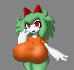 3_fingers big_breasts breasts clothed_female clothed_pokemon emillie_(zanbonsen) eyebrows_visible_through_hair eyelashes eyes_visible_through_hair female female_only fully_clothed green_body green_hair green_skin grey_background huge_breasts kirlia large_breasts medium_hair pokémon_(species) pokemon pokemon_(species) pokemon_only red_eyes shirt short_sleeves simple_background smile smiling smiling_at_viewer solo solo_female tagme thick_thighs thighs zanbonsen