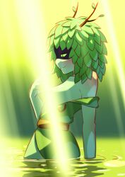 1girls adventure_time antlers blush branch branch_horns breasts censored censored_breasts female female_only green_eyes green_hair green_skin horn horns huntress_wizard leaf leaf_hair leaves manyakis mask no_bra skinny small_breasts smile smiling solo solo_female sunlight topless wet wet_clothes wet_skin