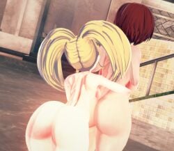 2girls 3d ass behind_view completely_nude completely_nude_female danganronpa danganronpa_2:_goodbye_despair female female_only hugging hugging_from_behind human koikatsu koizumi_mahiru large_ass multiple_girls saionji_hiyoko straight_hair super_danganronpa_2 wafles_coffe