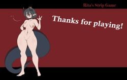 ahoge black_hair blush breasts choker completely_nude dragon dragon_girl dragon_tail embarrassed feet female horn horns looking_at_viewer navel nude peace_sign pointy_ears pussy rita_(sunlightnova) small_breasts stomach strip_game sunlightnova tail thick_thighs toes wide_hips yellow_eyes