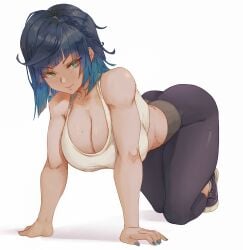 1girls 2022 absurd_res all_fours ass black_hair blue_hair breasts cleavage clothed clothed_female cutesexyrobutts_(style) female female_only genshin_impact green_eyes hanging_breasts hips huge_breasts kneeling large_ass lesottart looking_at_viewer painted_nails short_hair simple_background slim_waist sports_bra sportswear thick_thighs thighs tight_clothing two_tone_hair white_background wide_hips yelan_(genshin_impact) yoga_pants