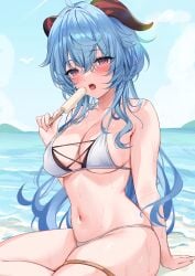 1girls absurdres ahoge alternate_costume arm_support armpit_crease bare_arms beach bikini blue_hair blue_sky blush breasts cleavage cross-laced_clothes day female food ganyu_(genshin_impact) genshin_impact goat_horns hair_between_eyes hand_up highres hizuki_higure holding horns large_breasts long_hair looking_to_the_side messy_hair navel ocean open_mouth outdoors popsicle purple_eyes sitting sky solo stomach strap_gap swimsuit thigh_strap wet white_bikini