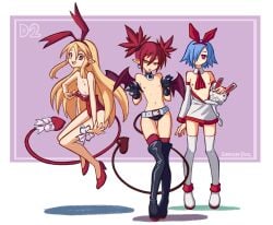 3girls assisted_exposure bat_wings belt bikini_bottom blonde_female blonde_hair blue_hair bow breasts bunny_ears bunnysuit casual_exposure casual_nudity collar demon demon_girl demon_tail demon_wings detached_sleeves devil_tail disgaea disgaea_1 dress envious_fool etna exposed_breasts flonne flonne_(fallen_angel) headband nipples nippon_ichi_software opening_bra pleinair red_hair self_exposure shirt_pull short_dress small_breasts tail thigh_boots thighhighs tie topless unclasped wings